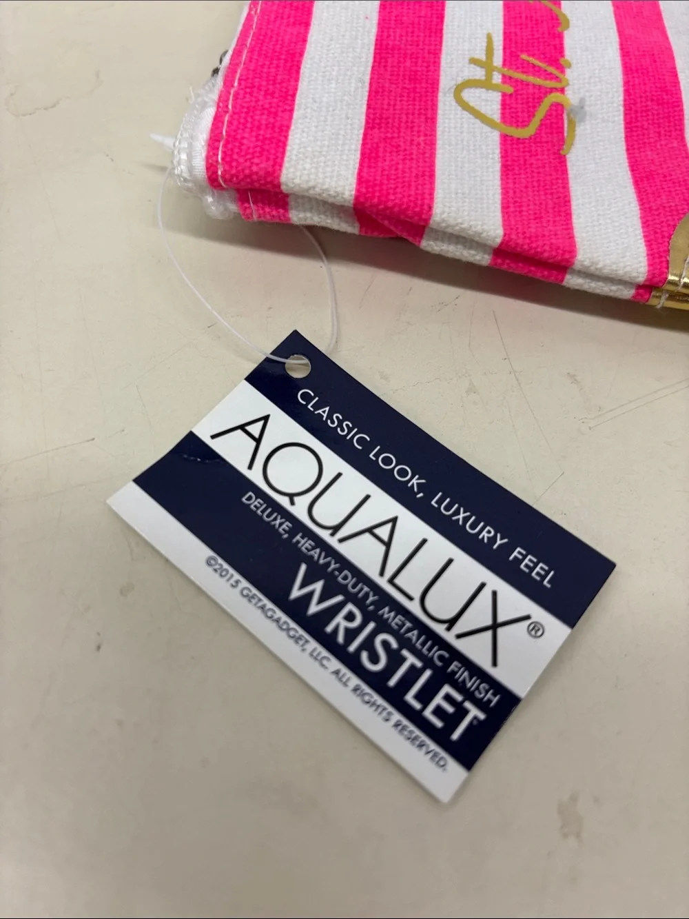 NWT Aqualux Pink & White Stripe Canvas Cosmetic Pouch with Gold Accents